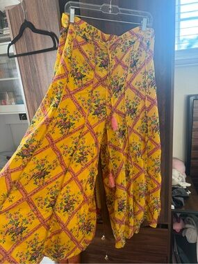 Free People Mustard Yellow Floral Tie-Waist Boho Pants